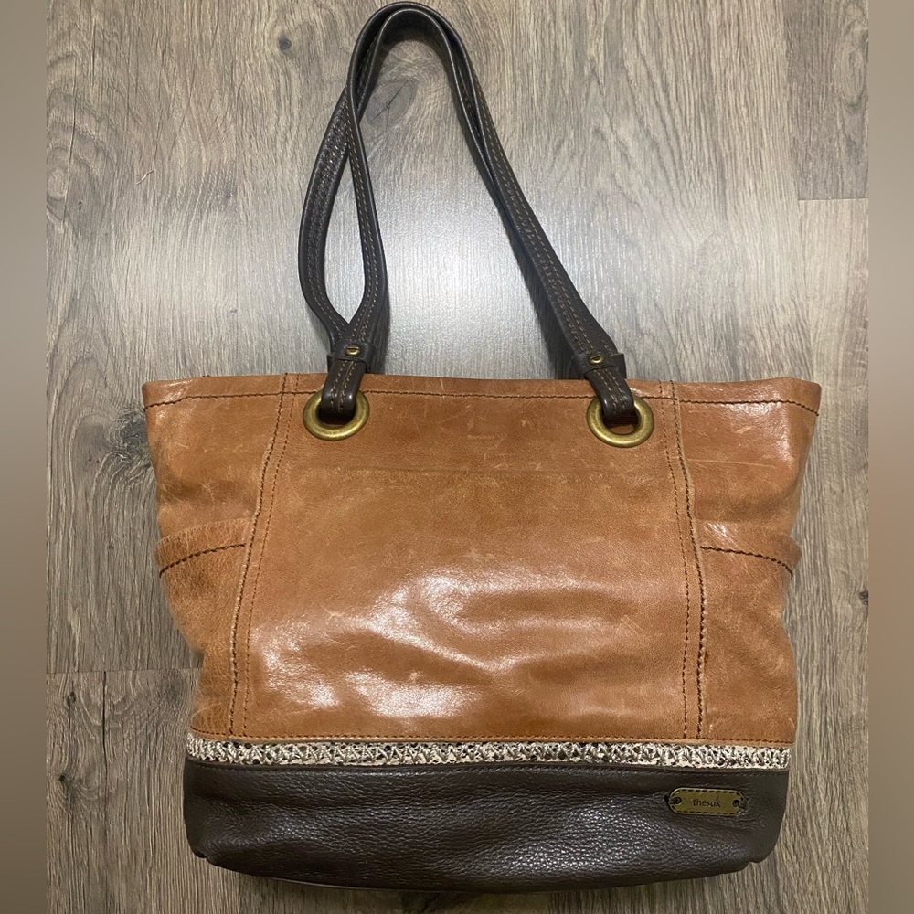 The Sak Landis Tote Bag Brown Black Leather Colorblock Brass Hardware Structured